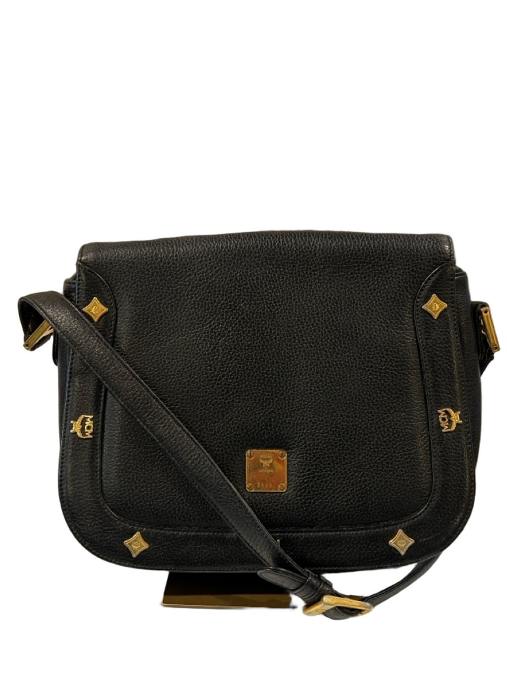 MCM Black Leather Crossbody Bag with Gold Accents